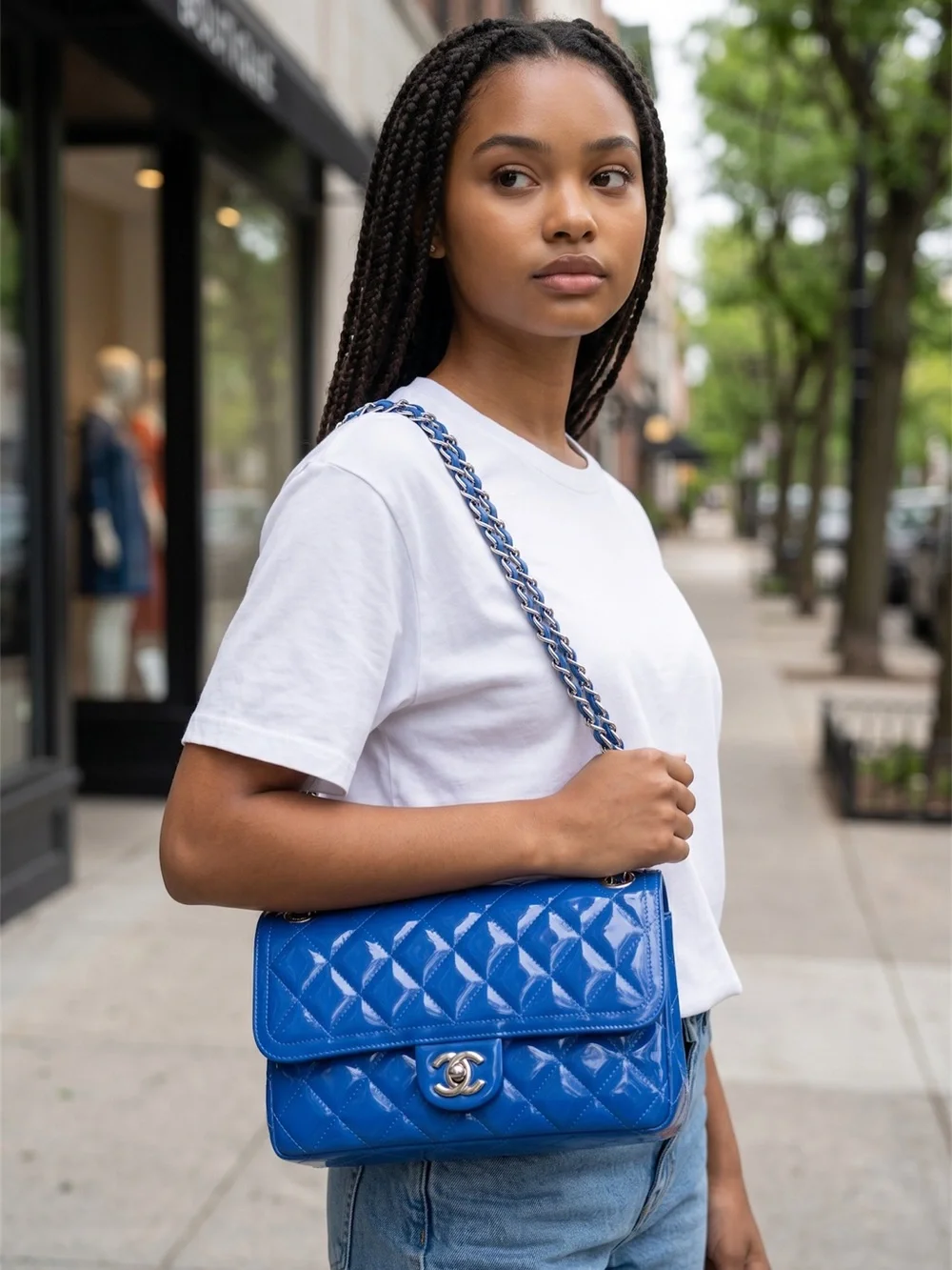 Chanel Timeless Classique Blue Patent Leather Flap Bag Silver Hardware